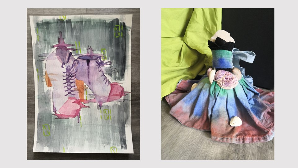 Johanna Lackmanin kaksi teosta SAKUstars-kilpailuista. Toisessa kuvassa Mallin mukaan -sarjasta piirrety saappaat. Toisessa kuvassa Taidetta kahdessa tunnissa -sarjassa syntynyt naisfiguuri.